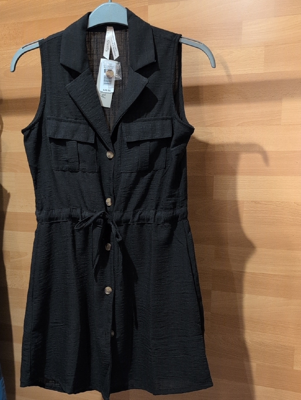 Sleeveless Black Midi Shirt Dress with Tie Waist